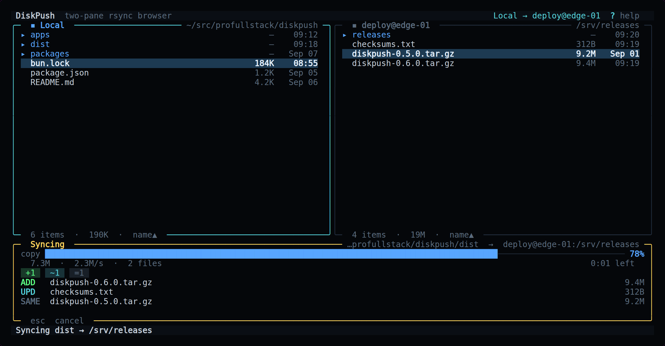 diskpush — Two panes and an rsync between them