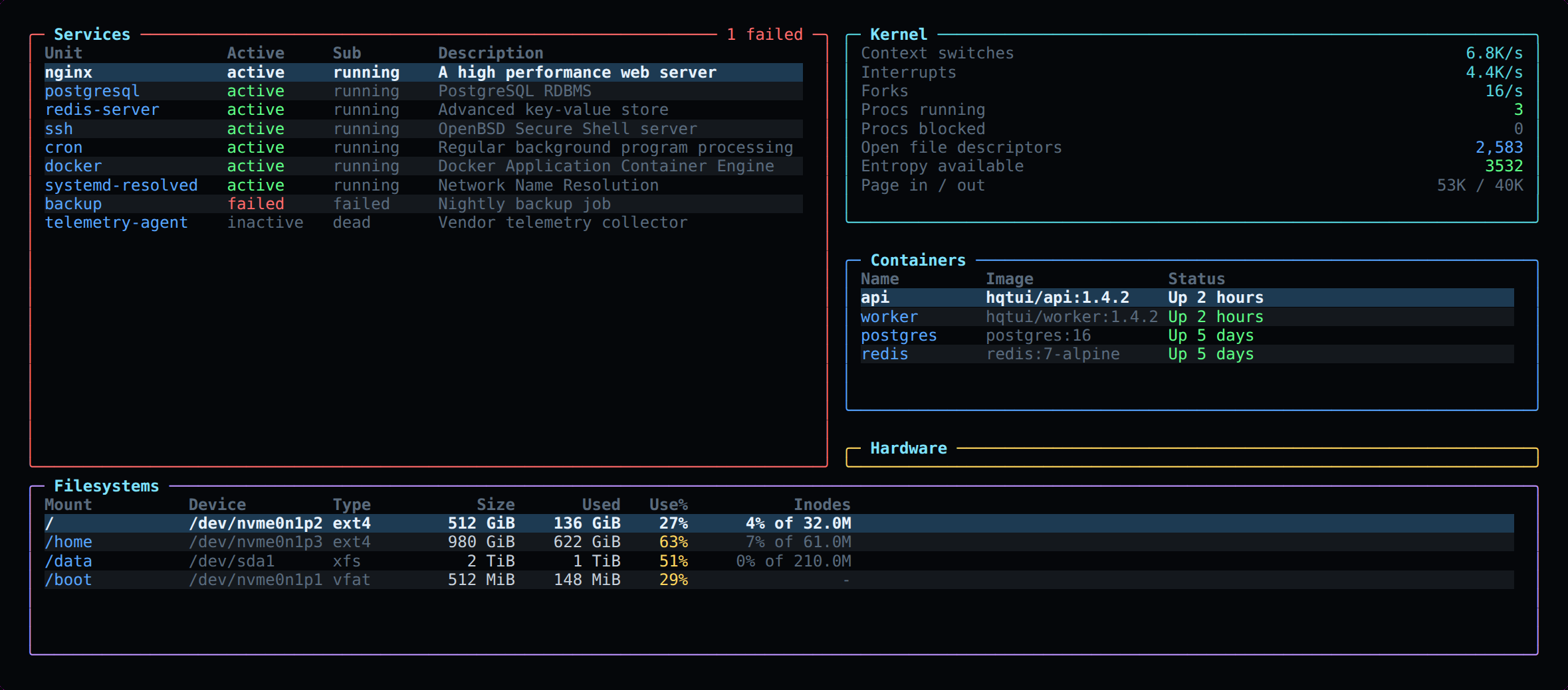 HQTUI Services screen